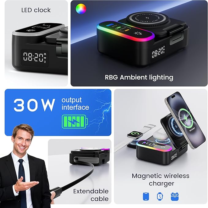 8-in-1 Charging Station 65W, 15W Magnetic Wireless Charger with Retractable Cable, 30W USB C Fast Charging Stand for iPad, Multiple Devices for iPhone 17 16 15 14 13 12 Pro Max Apple Watch Airpods