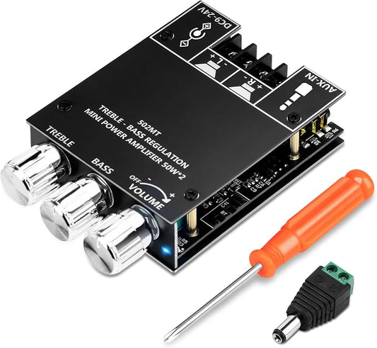 Daakro ZK-502MT Bluetooth Amplifier Board,50W+50W 2.0 Channel Amp Board with Treble and Bass Control,DC 9-24V, Bluetooth and AUX Inputs, Audio Amp Board for Home DIY Wireless Speakers, Password Free