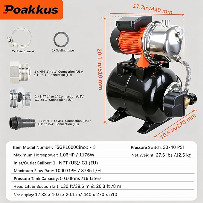 1 HP Shallow Well Pump with Pressure Tank, 1000 GPH, Automatic Irrigation Water Booster Pump with 130 ft Head Lift 20/40 PSI Pressure Switch 304 Stainless Steel Pump Head for Home Garden Lawn
