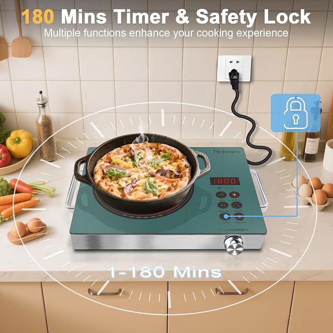 Single Burner Electric Cooktop 1800W, One Burner Electric Stove 110V, Countertop Electrics Burner with Knob & Touch Control, 180Mins Timer, 3 Cooking Mode & Safety Lock, 110V Plug in(Green)