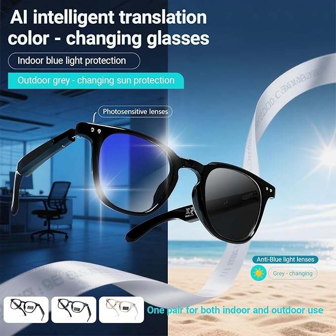 AI Smart Glasses with Open Ear Speaker, 5.4 Bluetooth,Voice Assistant Compatible,Real-Time Translation,Auto Color-Changing Lenses for Business&Outdoor Activities.