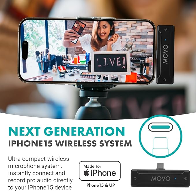 Movo WMX-2-C Wireless Microphone for iPhone 15/16 with Charging Case - 7HR Battery Wireless Lavalier Microphone for iPhone 15/16-328' Range USB C Lapel Mic