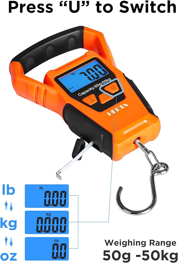HEETA Waterproof Fish Scale Digital with Backlit LCD Display, 110lb/50kg Portable Hanging Scale Fishing Scale for Home and Outdoor, Measuring Tape and 2 AAA Batteries Included