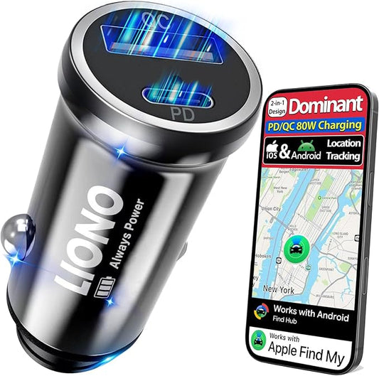 USB C Car Charger 80W Fast Charging with GPS Tracker, Dual Port Cigarette Lighter Adapter Car Phone Charger, 40W PD & QC for iPhone 17–8, Galaxy S25–21, Hidden Car Tracking Devices & Family Safety