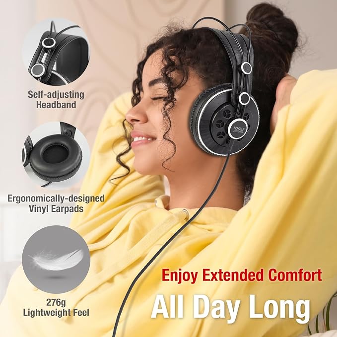Superlux HD681F Studio Monitor Headphones Over Ear Wired with 50mm Neodymium Driver, Semi-Open, Sweet Vocal Sound, Copper-Coated Aluminum Wire for Live Music Hall Listening Session Podcast Stream