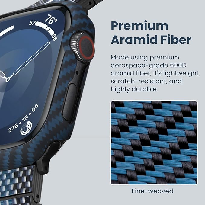 PITAKA Air Case for Apple Watch Series 9/8/7, 45mm, Exquisite Minimalist Slim Apple Watch Case - Aramid Fiber Made, Black/Blue(Twill)