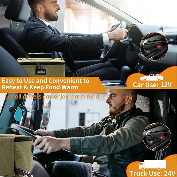 Aotto Heated Lunch Box Food Warmer - 12V/24V 2-in-1 Car Food Warmer with Vehicle Plug - Mini Portable Electric Lunch Box Heater for Men and Women - Reheat & Keep Meals Warm On the Go - Green