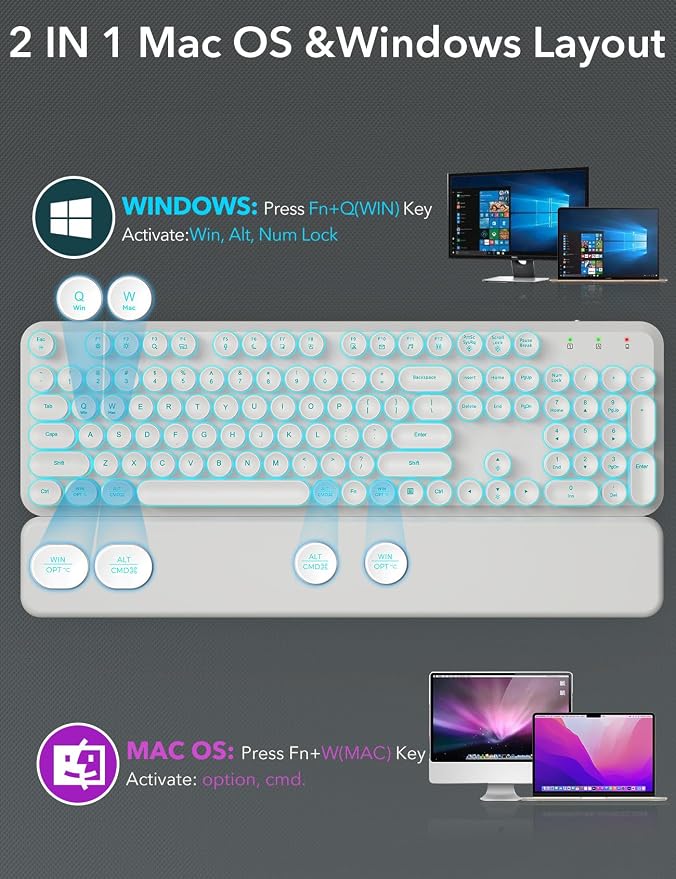 Wireless Keyboard and Mouse Backlit - White Typewriter Keyboard with Magnetic Wrist Rest, Retro Round Keycaps, Light Up Letters, 2.4GHz Cordless Combo for Mac, Windows, PC, Laptop, Trueque [Upgraded]