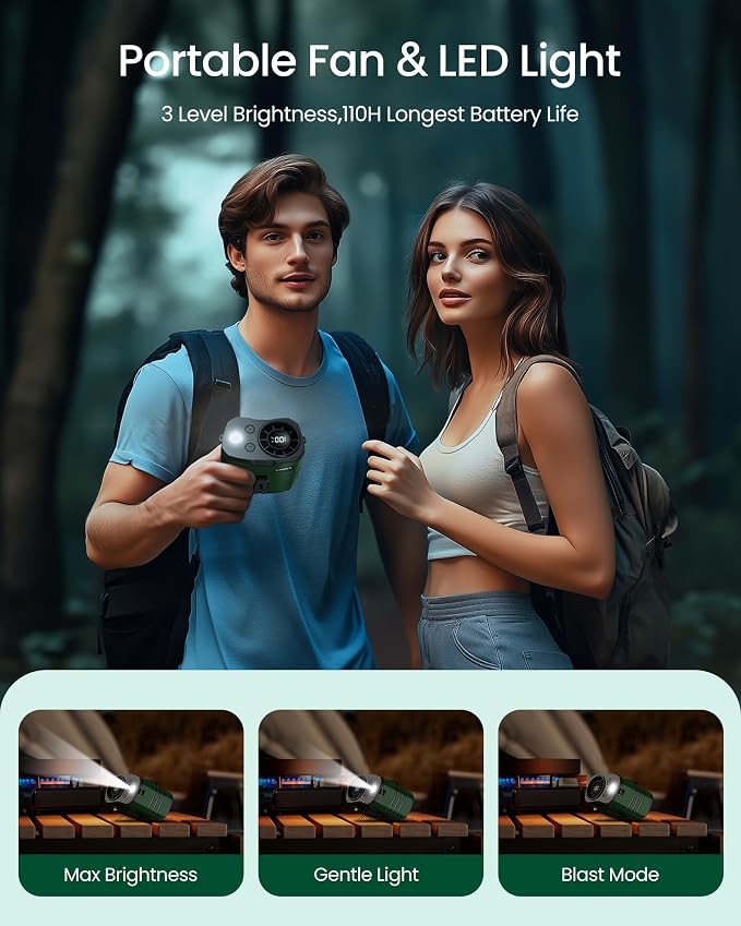 Portable Waist Fan 10000mAh Rechargeable,Clip on Belt Fan With 10 Speeds 16000PRM Strong Airflow,Hands-Free Hanging Neck Fan,Long-Lasting Cooling for Camping,Hiking,Outdoor,Jobsite,Green