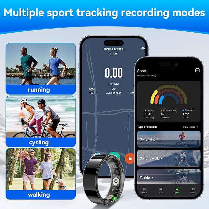 Smart Fitness and Activity Ring for Men and Women - Track Heart Rate Stress Sleep Steps and Blood Oxygen, 10ATM Waterproof Fitness Tracker for iPhone and Android, No Subscription Fee, Size 12