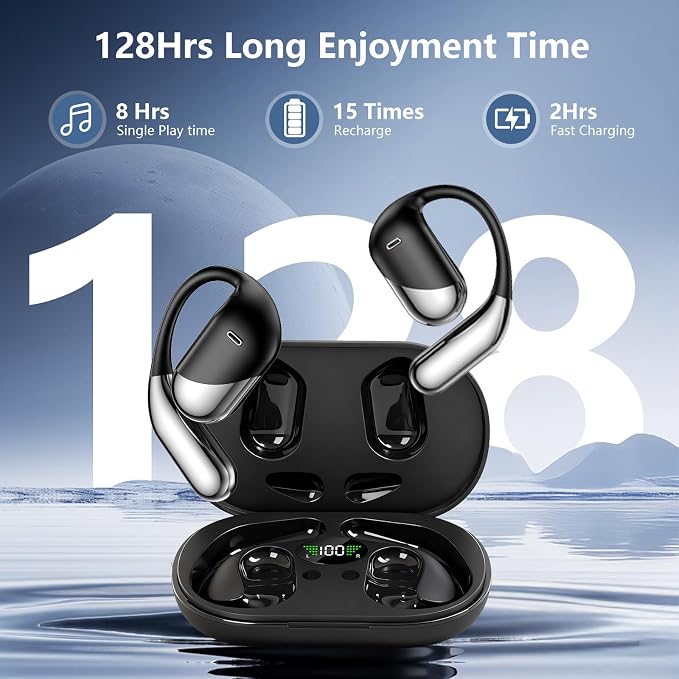 Open Ear Clip Wireless Earbuds Bone Conduction Headphones,Built-in Mic,LED Display Over Ear Hooks Ear Buds Ultra-Comfort Earphones Bluetooth Design for Running,Fitness,Office,Workout