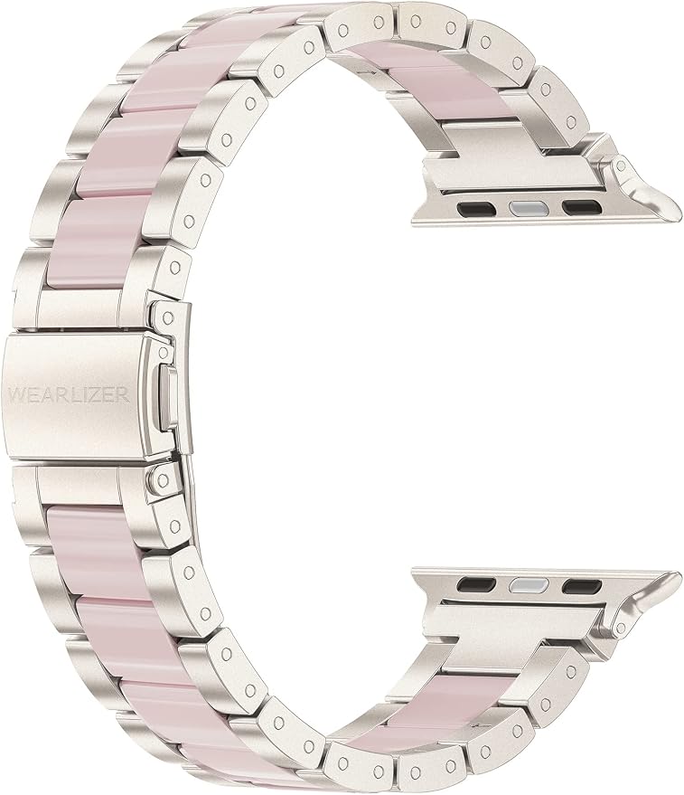 Wearlizer Compatible with Apple Watch Band 42/44/45/46/49mm Fashion Wristbands Womens, Stainless Steel + Resin Metal Replacement for iWatch Series 11 10 9 8 7 6 5 4 3 SE/Ultra 3 2 1-Starlight+Pink