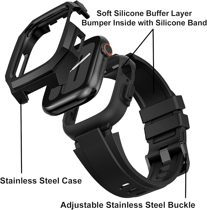 Luxury Metal Case with Band Compatible for Apple Watch 44mm 45mm 46mm 49mm,Men Rugged Protective Bumper Cover with Soft Silicone Strap for iWatch Series 11/10/9/8/7/6/SE3/SE2/SE/5/4 and Ultra 3/2/1 49mm