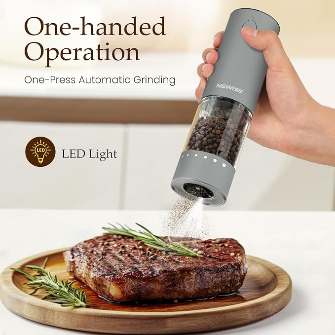 Newise Electric Salt and Pepper Grinder Set, Rechargeable with LED Lights, Automatic Pepper & Salt Mill, Adjustable Coarseness, Large Capacity, Grey