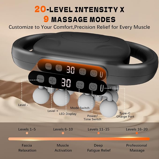 16 Head Massage Gun, Back Massager for Pain Relief, Massage Gun Deep Tissue, Time Adjustable Percussion Massager with 9 Modes 20 Intensities for Body, Shoulder, Neck, Legs, Foot, Gifts for Men/Women