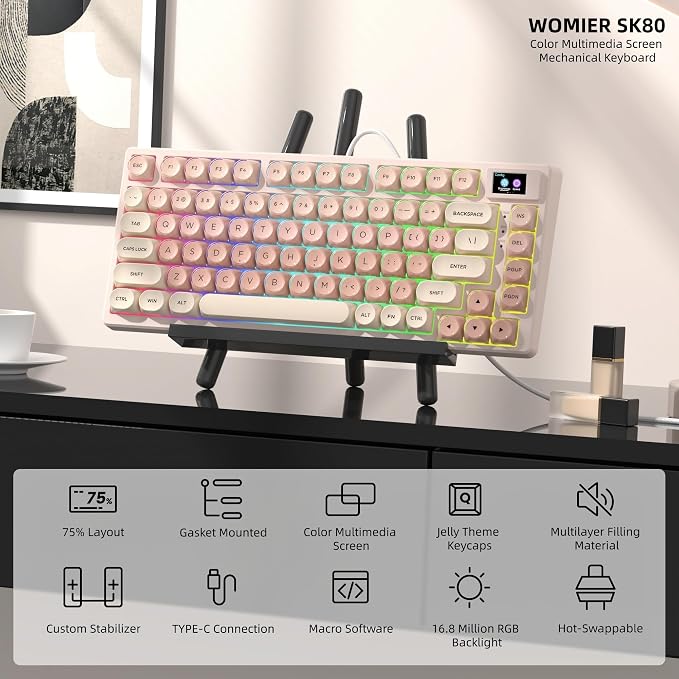 Womier SK80 75% Foundation Mechanical Gaming Keyboard with Color Multimedia Display Pink Creamy Keyboards, Jelly Keycaps Hot Swappable RGB Wired Key Board Pre-lubed POM Switch for Mac/Win, Pink