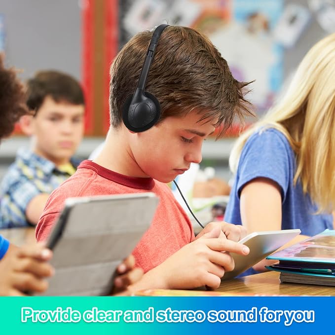 Frienda 48 Pack Classroom Headphones Bulk, Wired School Headsets for Students, Stereo Headphones with 3.5 mm Plug for Classroom, Online Learning, Library(Classic,Black)