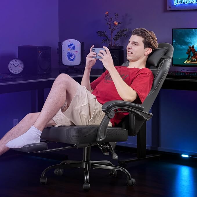 GTPLAYER Gaming Chair with Footrest, Recliner Chair with Headrest & Lumbar Support, Linkage Armrest,Ergonomic Gaming Chair 350lbs, High Back Office Home, Dark Black