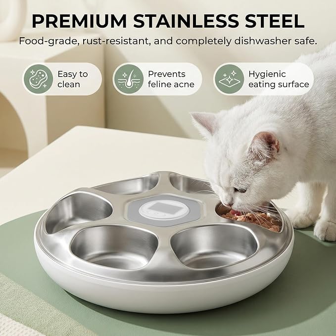 Ownpets Automatic Cat Feeder for Wet Food, with Stainless Steel Tray, 6 Meals Rechargeable Auto Pet Feeder with 2 Ice Packs, Cat Food Dispenser for Cats Small Dogs