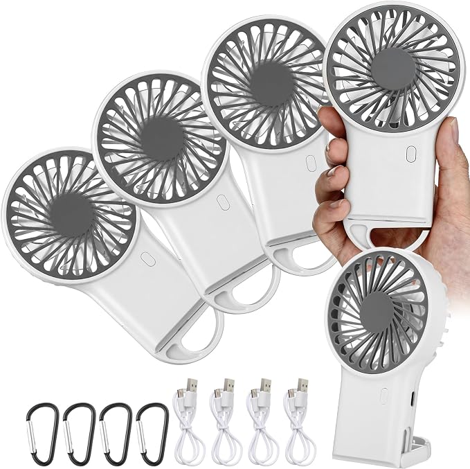 VIHOSE 4 Pcs Portable Hanging Fan, 3 Speeds Personal Rechargeable Desk Hand Held Small Fan with D Metal Hook for Cooling Small Personal Hands Outdoor Travel (White)