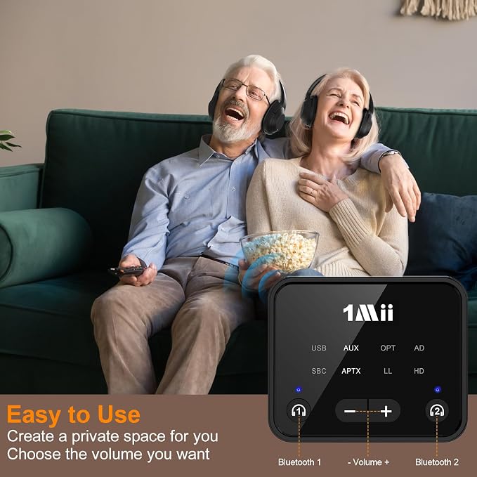 1Mii Bluetooth 5.3 Transmitter for TV to 2 Wireless Headphones, Long Range 100ft Bluetooth Adapter for TV aptX Adaptive & HD/Volume Control, Optical/AUX/RCA Audio Inputs