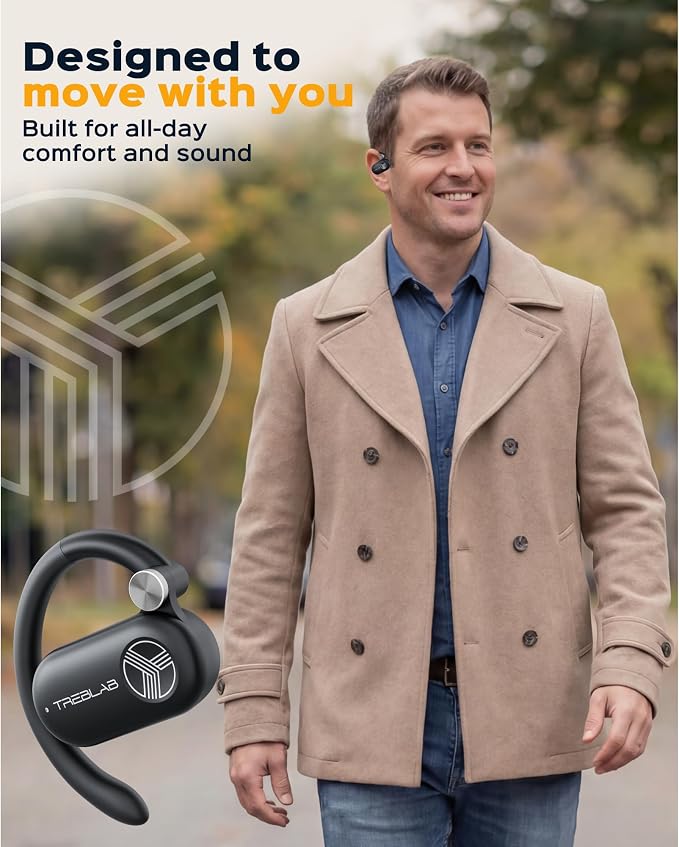 TREBLAB X-Open Ear Earbuds Wireless Bluetooth, IPX5 Earhook | 9H battery, wireless charging case, 14.2mm driver, dual mics, BT 5.4, touch control, gaming mode, 33ft range