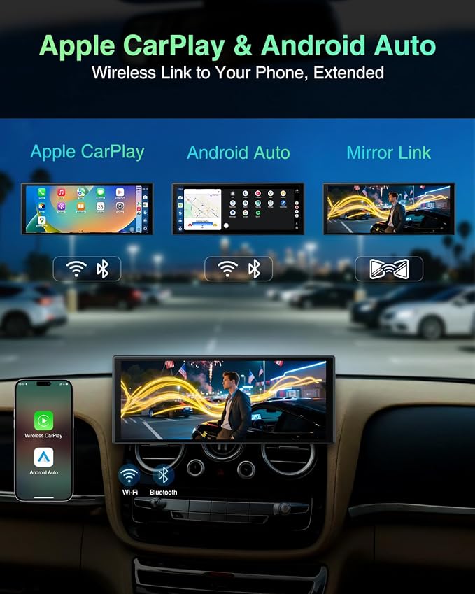 10.25″ CarPlay Screen with Dashcam & Apps, Built-in Google-Play & 6GB+128GB, Portable Android Auto Display 1920x720, Dual 1080P DVR, Wireless Bluetooth, Supports Steering Wheel Controls