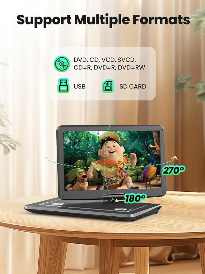 Arafuna 18" Portable DVD Player with with 5-Hour Rechargeable, 16" HD Swivel Screen with Dual Stereo Speakers, Support USB/SD/Sync TV, Regions Free