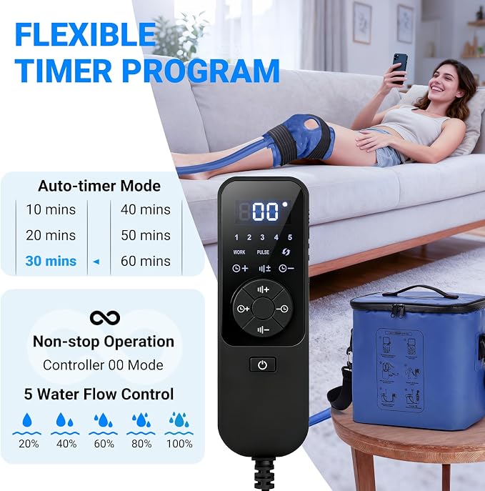 Cold Therapy Machine, Programmable Timer Ice Machine for Knee After Surgery, Portable Knee Ice Machine with Quiet Pump, Continuous Cold Flow, 12H Cooling, Knee Replacement, Swelling Reduction