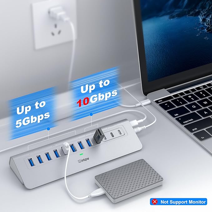 Powered USB Hub 10Gbps, intpw YH9AC 12 Port USB C Hub with 10Gbps USB C 3.2+2 USB A 3.2, 7 USB 3.0, 2 PD 45W Charging Port, 65W Power Adapter + 3.3FT Cable, Aluminum USB Hub for PC/Laptop/iPhone 17/16