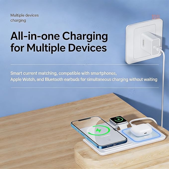 3-in-1 Foldable Wireless Charger with Night Light - 15W Fast Wireless Charger for Simultaneous Charging of Phone, Watch & Earbuds, Compatible with All Qi-Certified Devices,X455 White.
