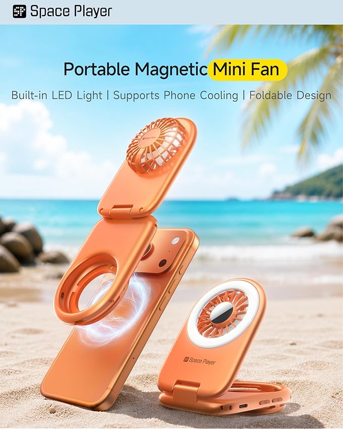 Space Player MagSafe Magnetic Cooling Fan for iPhone & Android Portable Phone Cooling Fan with LED Light Rechargeable Mini Handheld Fan 3-in-1 Magnetic Desk Fan for Gaming Travel & Outdoor Use White