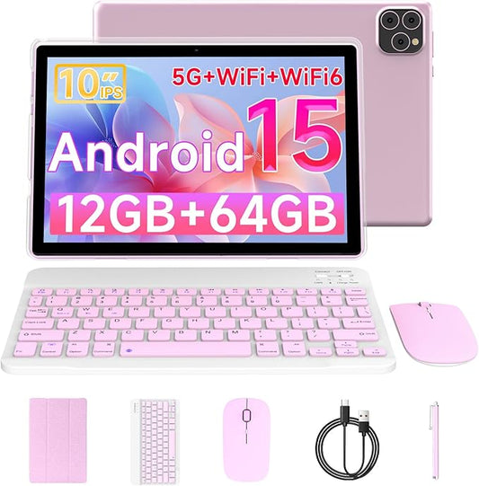 Tablet Android 15 10 Inch 12GB RAM+64GB ROM/ 1TB Expandable Tablet, 1280 * 800 HD Touch Screen, 5G WiFi6 BT 5.0, 2 in 1 Tablets with Keyboard Case Mouse Stylus (Pink)