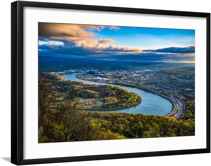 ART.COM Wall Photographic Print Drone Aerial View of Downtown Chattanooga Tennessee TN and Tennessee River on Black Frame, 29" x 21"