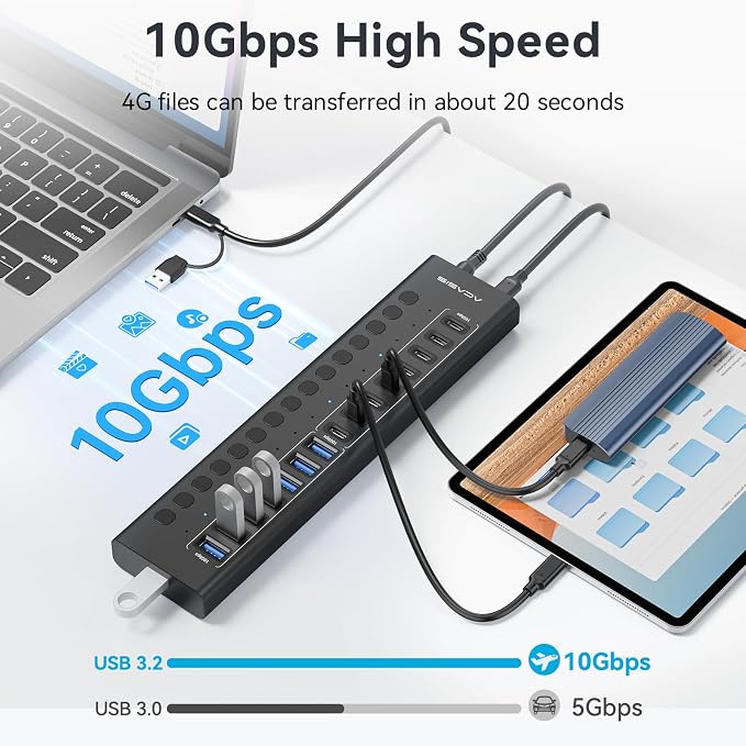 Powered USB 3.2 Hub, ACASIS 16 Ports USB 3.2 Hub(8 USB-A 3.2 Ports+8 USB-C 3.2 Ports), Aluminum USB Hub Powered with 96W Power Adapter, USB Hub for PC/Laptop, Computer, Flash Drive, Printer, Camera