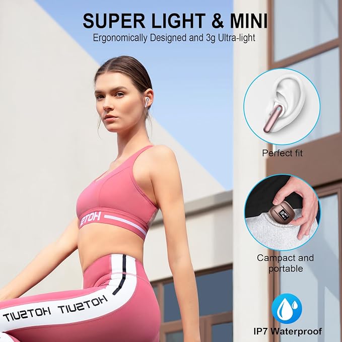Wireless Earbuds, Bluetooth 5.4 Headphones, 48H, Stereo Ear Buds, LED Display Earphones with Mic, IP7 Waterproof In EarBud, Comfort Fit, Bluetooth Earbuds for Phone Android iOS, Sport, Walk, ose Gold