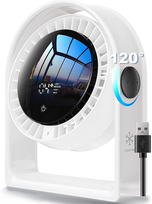 RANVOO 2026 New Desk Fan, Quiet Air Circulator Mini Fan for Bedroom, 4 Speeds Strong Airflow Portable Fan, Smart Display USB Fans,120°Tilt, Small Desktop Table Fans For Office Room, Ivory White