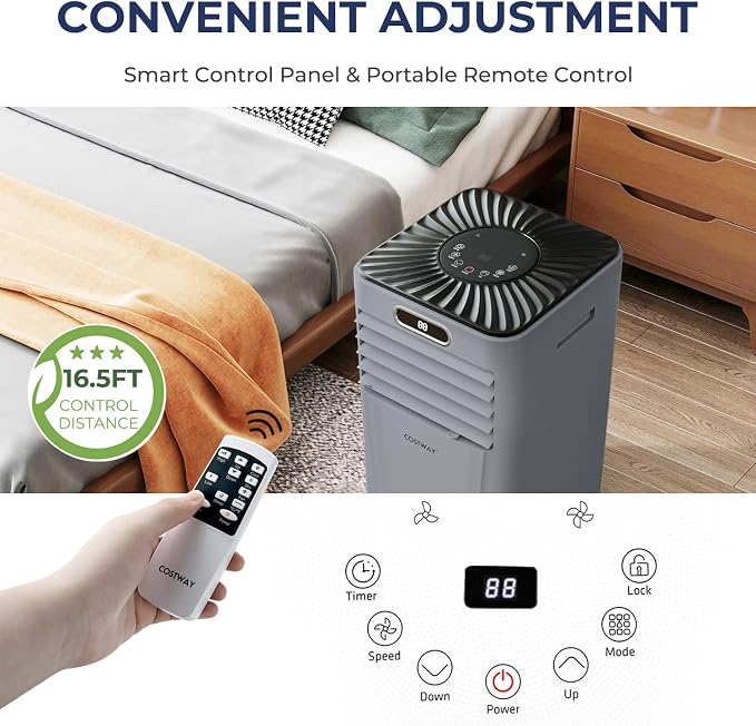 COSTWAY Portable Air Conditioner, 8000BTU AC Unit with Drying, Fan, Sleep Mode, 24H Timer, Remote Control, Cools Room up to 230 Sq. ft, for Home & Office Use, Window Kit Included(8000BTU-Grey)