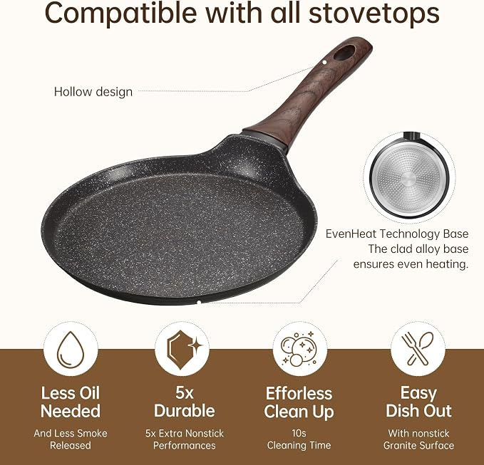 MsMk 8 inch Nonstick Crepe Pan, Ceramic Nonstic Coating Flat Skillet Dosa Tawa Tortilla Pan, Large Pancake with Stay-Cool Handle, Induction Compatible, PFOA Free