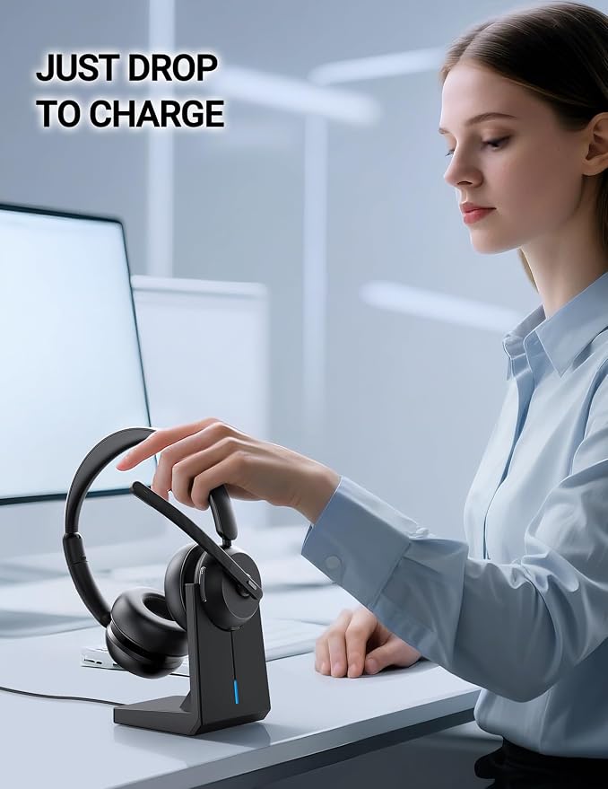 COSMUSIS Wireless Headset with Mic for Work, Bluetooth 5.3 Headsets with Microphone and Detachable Earpads, 50H Playtime with Charging Base, Noise Cancelling Headphones for Work with Mic Mute