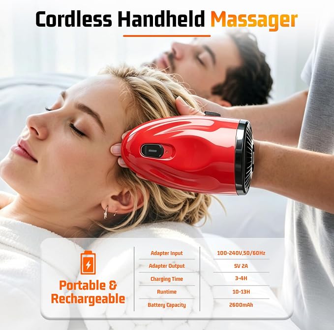 Professional Barber Handheld Massager, Cordless Vibration Massage Tool with 5 Speeds & 5 Modes, Wearable Palm Strap Design for Neck, Shoulders, Arms, Legs, 2600mAh Type-C Rechargeable, Red