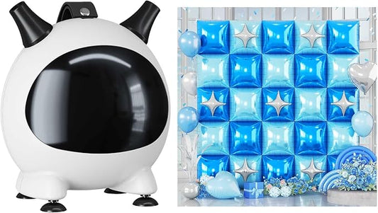 Electric Balloon Pump and 32PCS Blue Square Foil Balloon with Star Foil Balloon, 600W Dual Nozzle Air Pump & Metallic Light Blue Mixed Tunnel Arch Kit for Boy Birthday Baby Shower Graduation