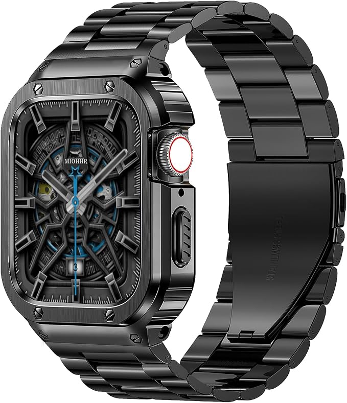 MioHHR Stainless Steel Band and Case Compatible with Apple Watch Band 41mm 40mm 38mm, Men Metal Protective Bumper Cover for iWatch Series 9/8/7/6/5/4/3/2/1/SE/SE2/SE3, Black