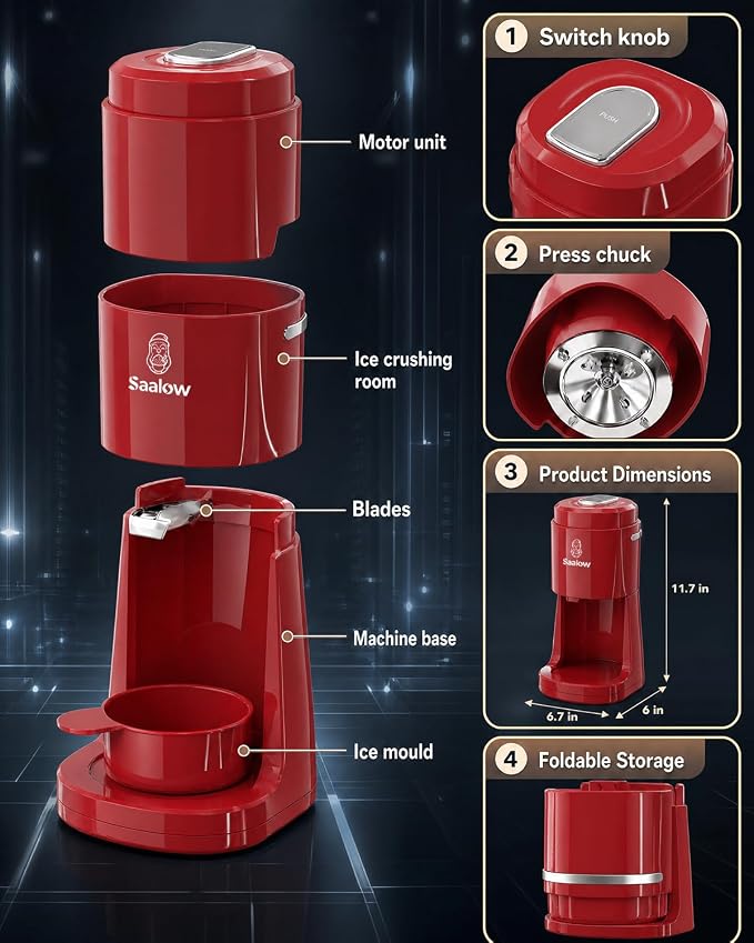 Electric Shaved Ice Machine, Professional Snow Cone Maker with Adjustable Thickness Settings, High-Efficiency 135W Motor, Portable Ice Crusher for Fluffy Ice & Slushies, Includes 2 Ice Molds