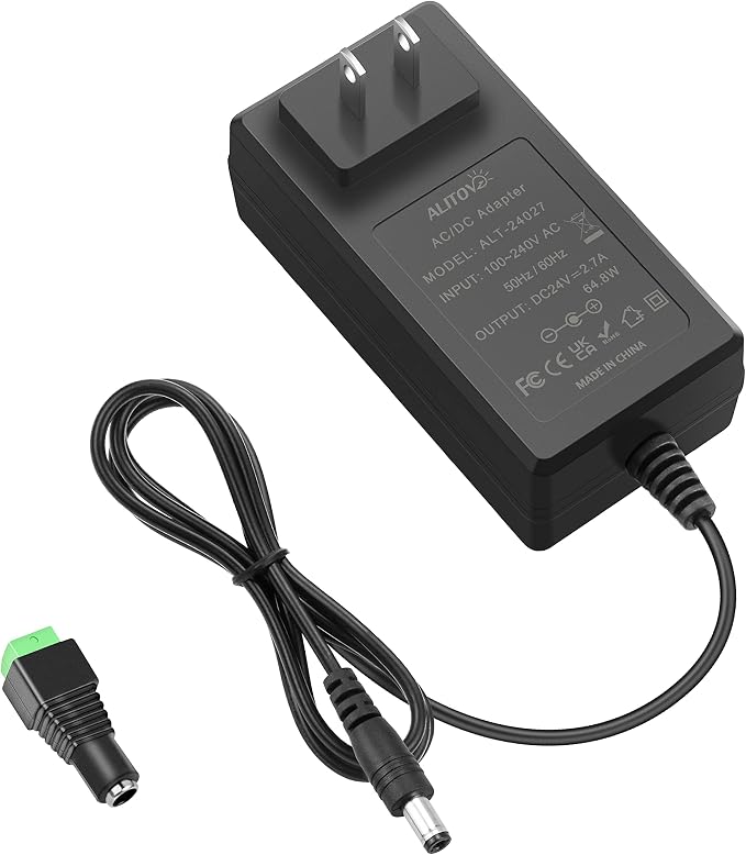 ALITOVE 24V Power Supply 2.7A 65W AC to DC Adaper 24 Volt Transformer Converter 4.92Ft Power Cord with 5.5X 2.5mm Tip for DC24V 0~2700mA Devices LED Lights Printer SoundBar LCD Monitor Pump