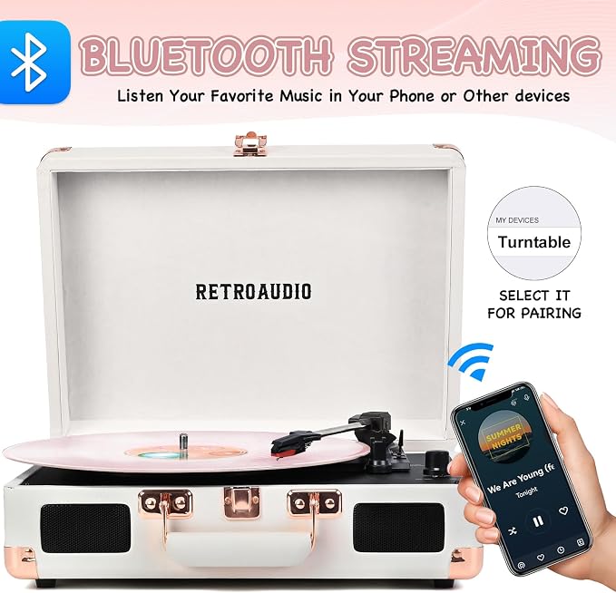 Vinyl Record Player with Built-in Speakers 3-Speed Vintage Record Player Bluetooth Portable Suitcase Turntable Belt-Driven LP Player Support RCA Output and Headphone Output (White Rose Gold)