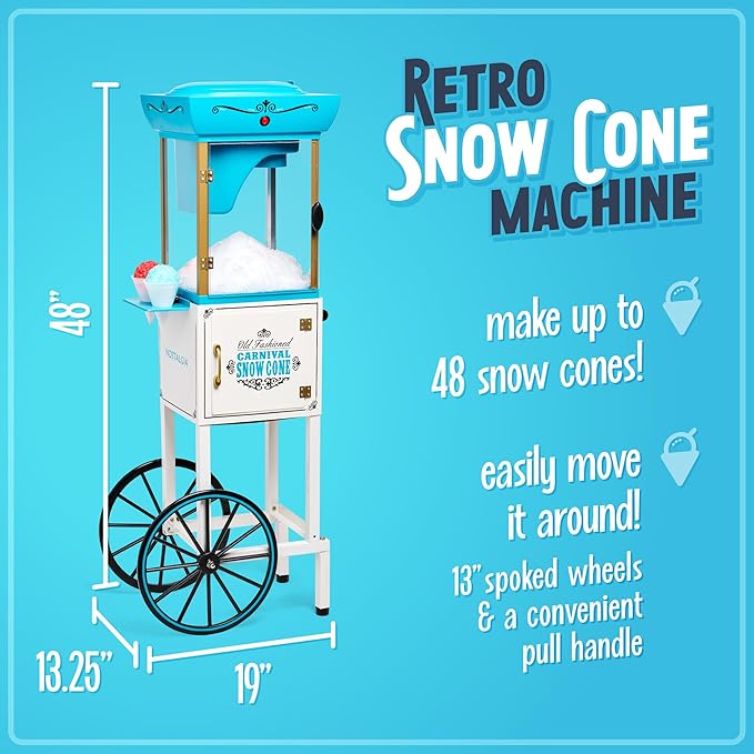 Nostalgia Snow Cone Shaved Ice Machine - Retro Cart Slushie Machine Makes 48 Icy Treats - Includes Metal Scoop, Storage Compartment, Wheels for Easy Mobility - White, Blue