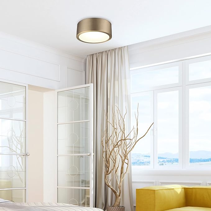 GLOBE Electric 60979 Edinburg LED Integrated Flush Mount Ceiling Light, Matte Brass, Frosted Glass Shade, 18W, 3000 Kelvin, 1100 Lumens, Dimmable
