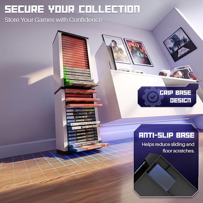 TNP Universal Video Game Storage Tower for PS5, PS4, PS3, Nintendo Switch, Xbox One, Xbox Series S/X - White Video Game Holder Organizer Stand with 36 CD Case Storage for Organizing & Displaying