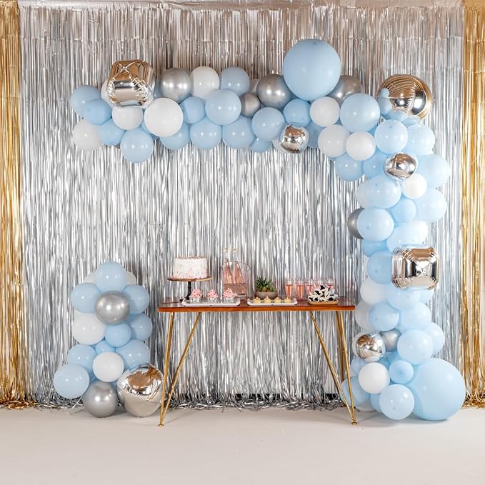 Restaurantware-Balloonify Balloon Garland Set, 1 Party Decoration Kit - 139 Balloons, With Chain, Blue, White, & Silver Latex Balloon Arch Kit, Includes Glue Dots